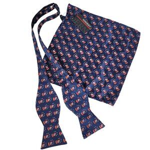 HISDERN Self Tie Bow Ties Men Bowties & Pocket Square Santa Christmas Blue NWT